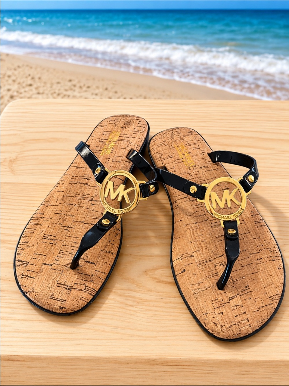 Michael Kors Black Patent Thong Sandals with Gold MK Medallion